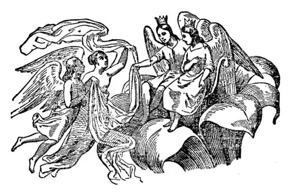 王と女王の花中 ヴィンテージの線画へ飛ぶやイラストを彫刻で二人の天使に座って — ストックベクタ