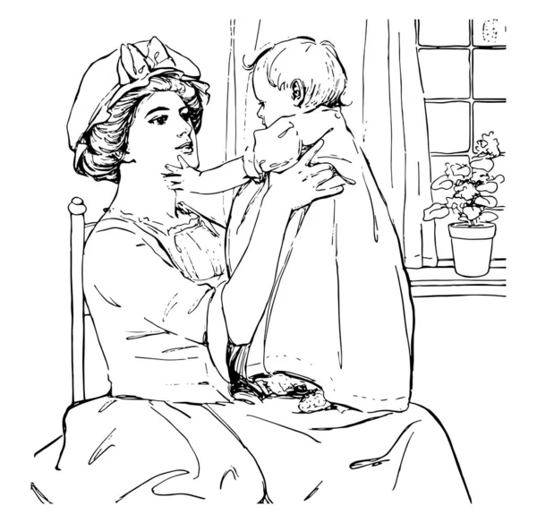 ヴィンテージの線描画や彫刻の図のウィンドウ保持赤ちゃんの近くの椅子の上に座っている女性 — ストックベクタ