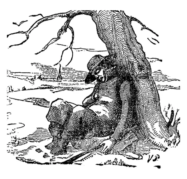 ツリーと秋の眠り ビンテージ ラインの描画または彫刻の図の下に座って頭に帽子の男 — ストックベクタ