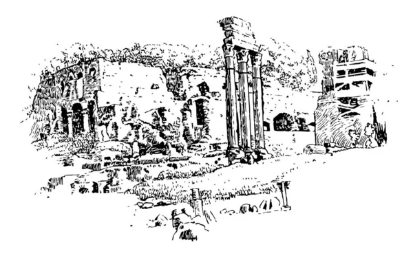 ポルクスの神殿 アウグストゥス神殿 パラティーノの丘 ビンテージの線描画や彫刻図の列 — ストックベクタ
