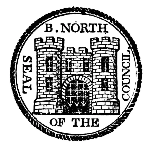 Bridgenorth 的印章 它有城堡里面和它的顶部 北是书面和外部印章的安理会是书面的 复古线条画或雕刻插图 — 图库矢量图片