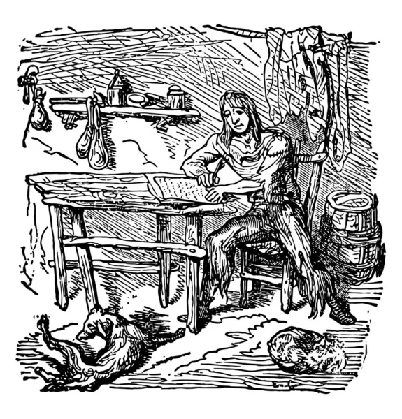 鲁滨逊克鲁索和他的日记 这个场景显示一个男孩坐在椅子上写日记 日记保存在他面前的桌子上 狗和猫在地上 复古线条画或雕刻插图 — 图库矢量图片