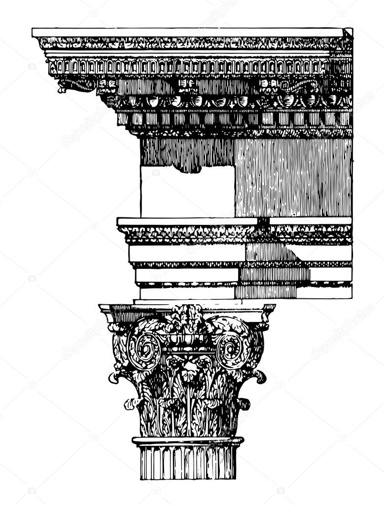 Composite Order, Arch of Titus, a mixed order, combining the volutes of the Ionic order capital,  the acanthus leaves,  vintage line drawing or engraving illustration.