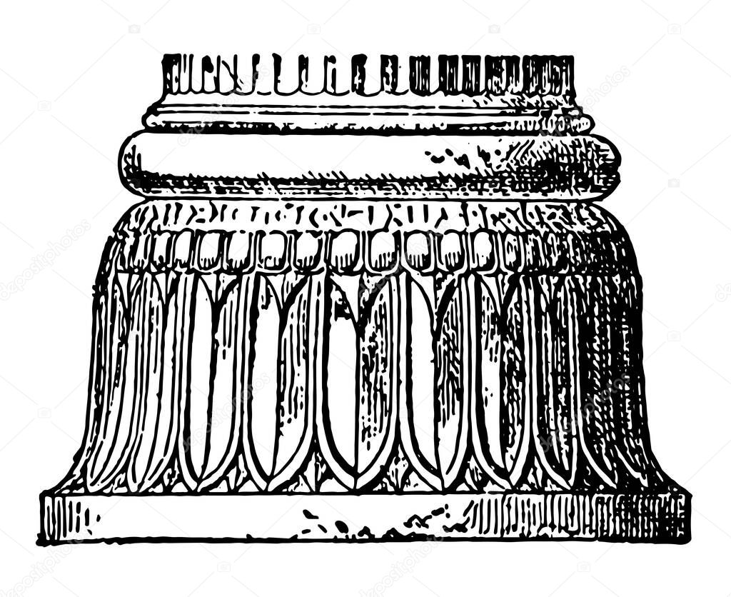 Persian Architecture are Column base at Persepolis, vintage line drawing or engraving illustration.