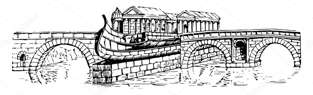 Pons Cestius, the passage-way in a roman bridge, its  was commonly narrow, modern structures of the same kind, appearance to the pluteus in the basilica, vintage line drawing or engraving illustration.