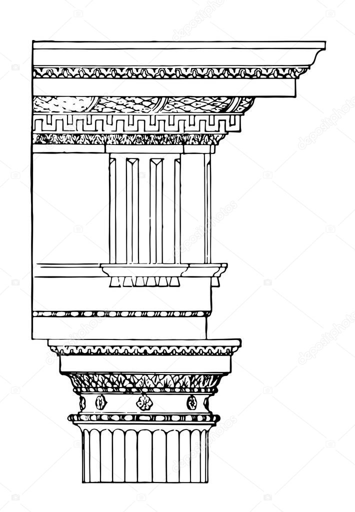 Doric Order, Themoe of Diocletian,  later Roman architecture, dropping straight into the stylobate, vintage line drawing or engraving illustration.