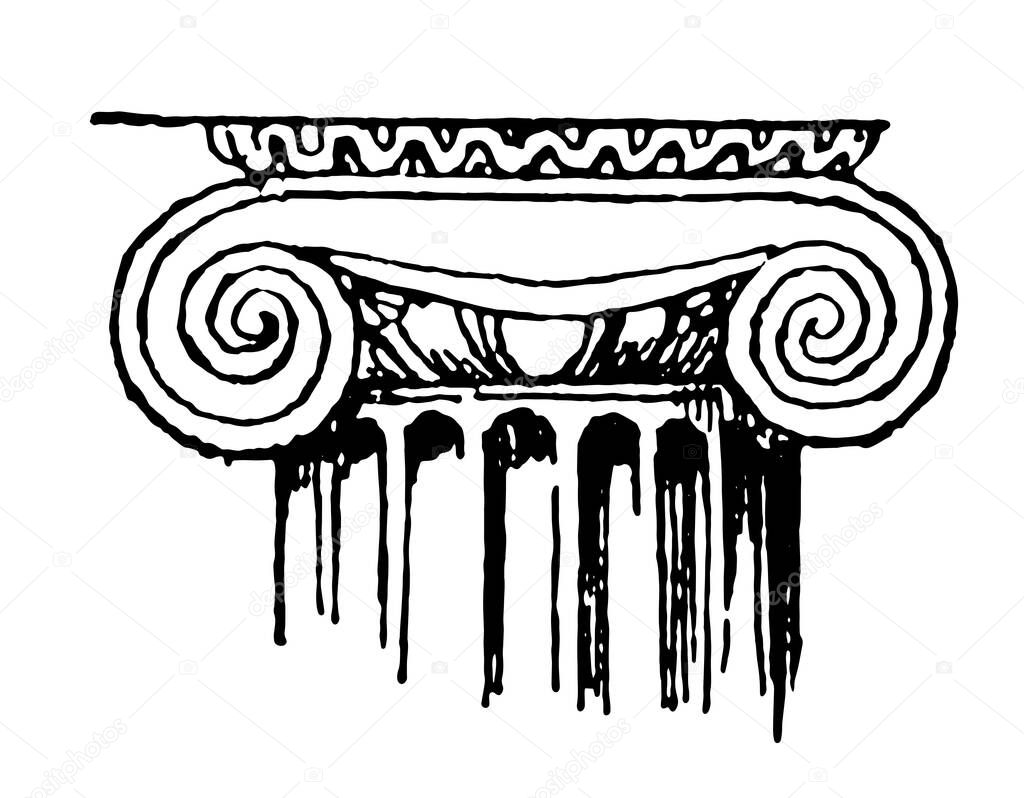 Ionic Capital, a Ionic column, illustration at top of page,  spirally coiled volutes,  the Ionic capitals of the archaic Temple,  vintage line drawing or engraving illustration. 