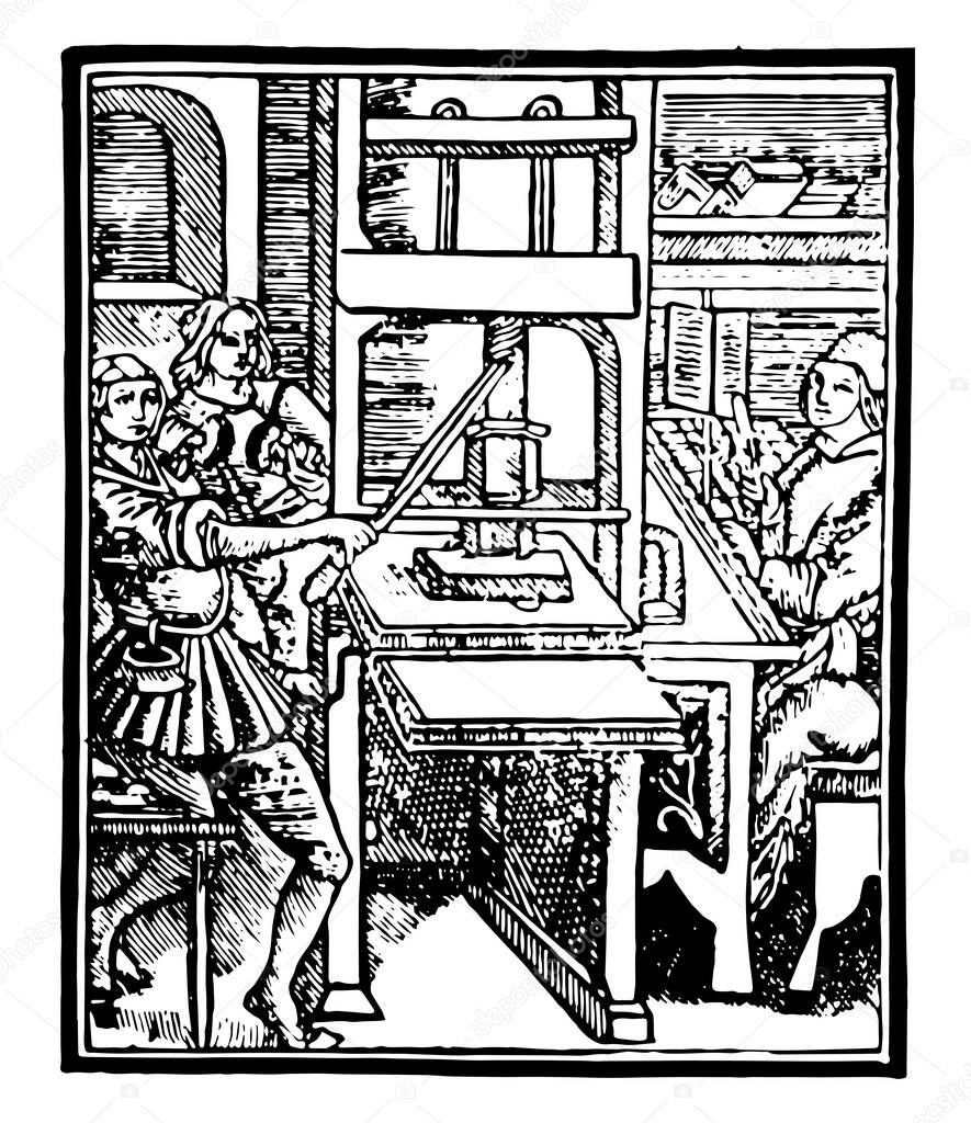This illustration represents Gutenberg Press where Screw presses down platen on the type, vintage line drawing or engraving illustration.