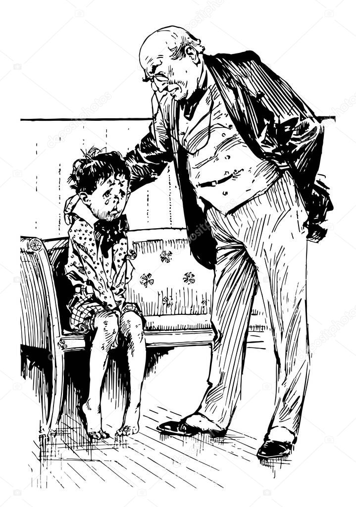 Joe's Bee-Sting, this scene shows a little boy sitting on bench and crying, a man standing near him and kept one hand on back of him, vintage line drawing or engraving illustration