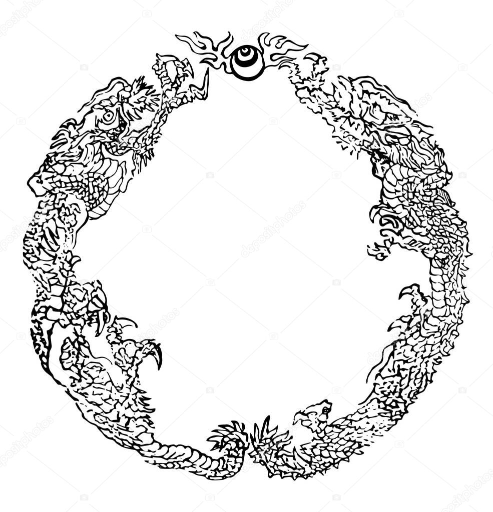 Dragons is a circular pattern, it is seizing the jewel, vintage line drawing or engraving illustration.