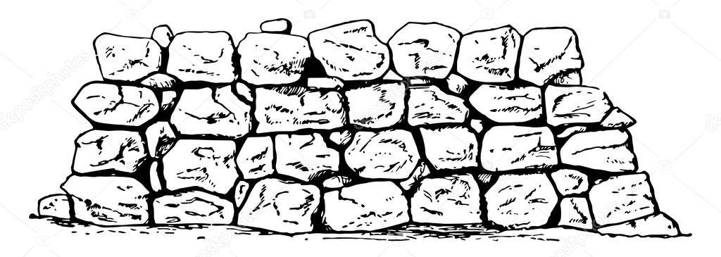 Cyclopean,  Wall, a type of stonework,  in Mycenaean architecture,  built with massive limestone boulders, minimal clearance, vintage line drawing or engraving illustration.