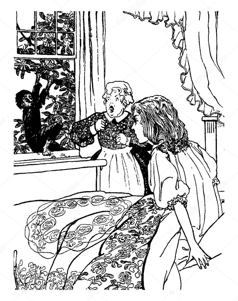 A girl on bed and woman standing near her, both looking at a boy came at window by climbing tree, vintage line drawing or engraving illustration