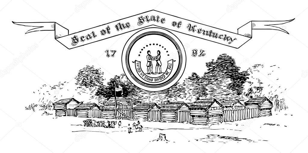 The United States seal of Kentucky in 1792, it shows two men, one in buckskin, other in formal dress, they are facing each other and clasping hands, below looks like small town with horse rider, vintage line drawing or engraving illustration
