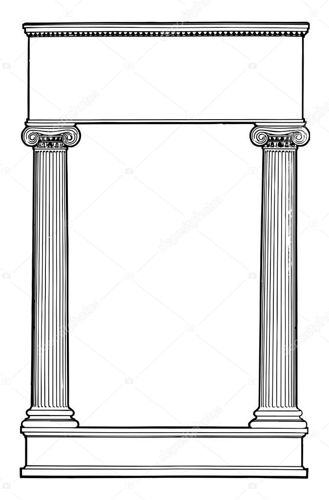 Ionic Columns have two pillar left and right side in this pattern, vintage line drawing or engraving illustration.