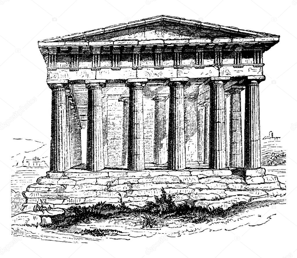 Temple of Theseus at Athens,  Temple of Hephaestus or Hephaisteion,  the monument under the assumption,  Architecture of Ancient Greece,  vintage line drawing or engraving illustration.