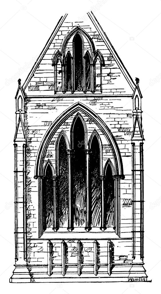 Lancet Windows at the Chester Cathedral, Early English style, architectural motif are typical of Gothic church, earliest period, vintage line drawing or engraving illustration.
