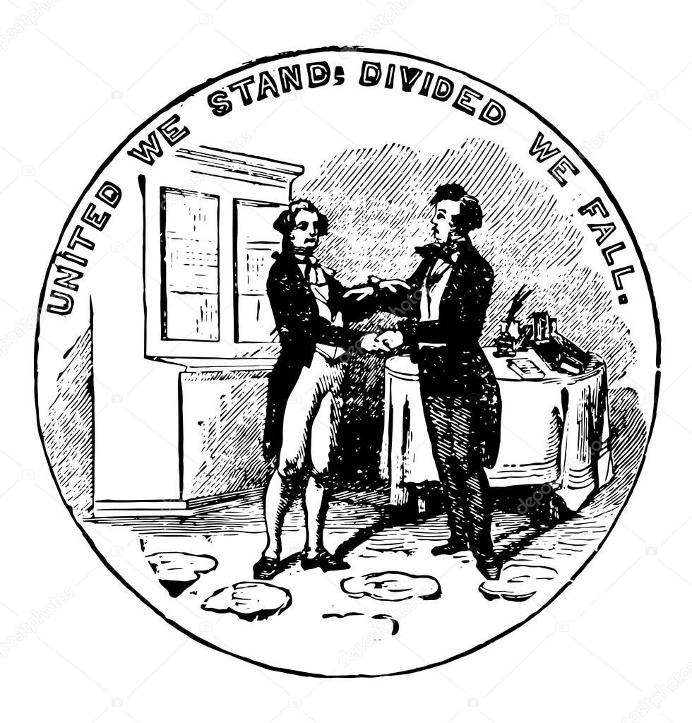 The official seal of the U.S. state of Kentucky in 1889, it shows two men, one in buckskin, other in formal dress, they are facing each other and clasping hands, vintage line drawing or engraving illustration 