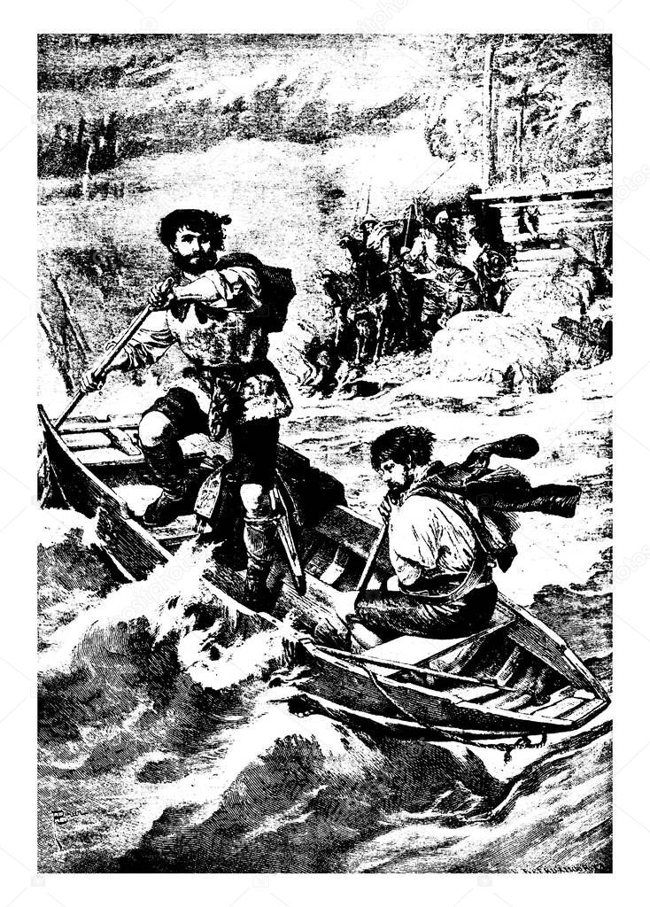 Two men with oars in the boat in the ocean, vintage line drawing or engraving illustration