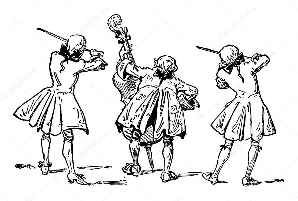 King Cole, this scene shows three fiddlers, two fiddlers playing violins and middle fiddler playing guitar, vintage line drawing or engraving illustration