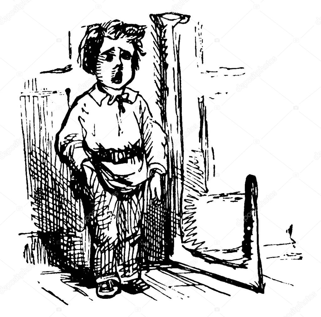 Little Tom Tucker, this scene shows a little boy is standing and singing, vintage line drawing or engraving illustration