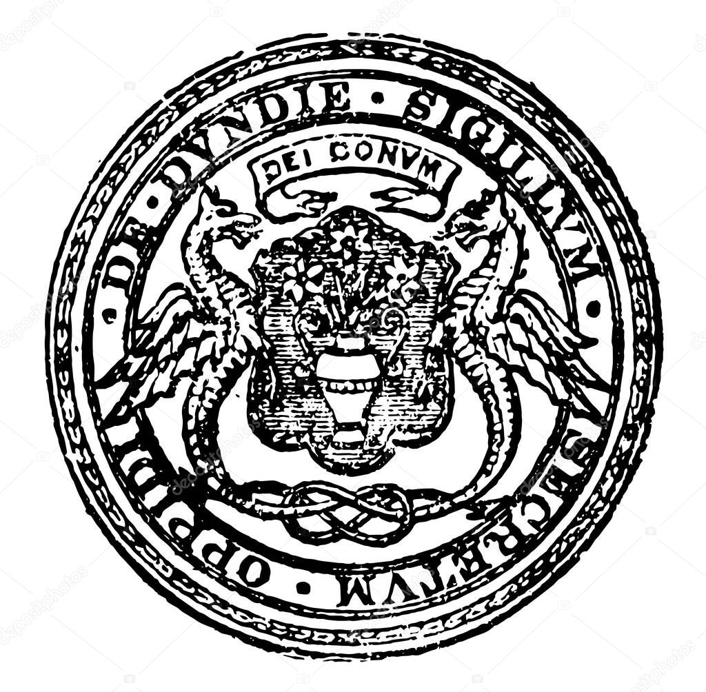 The seal of A royal and parliamentary burgh and seaport, situated on the east coast of Scotland, this seal has two dragon facing eachother and protecting flowerpot, in the county of Forfarvintage line drawing or engraving illustration