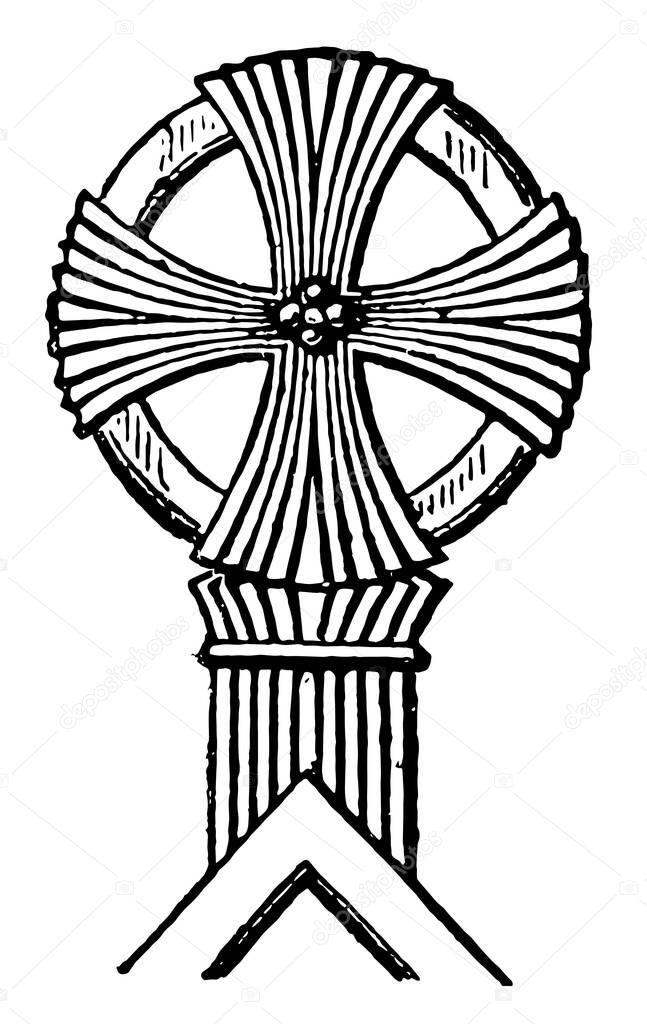 Finial Cross is a circular pattern, vintage line drawing or engraving illustration.