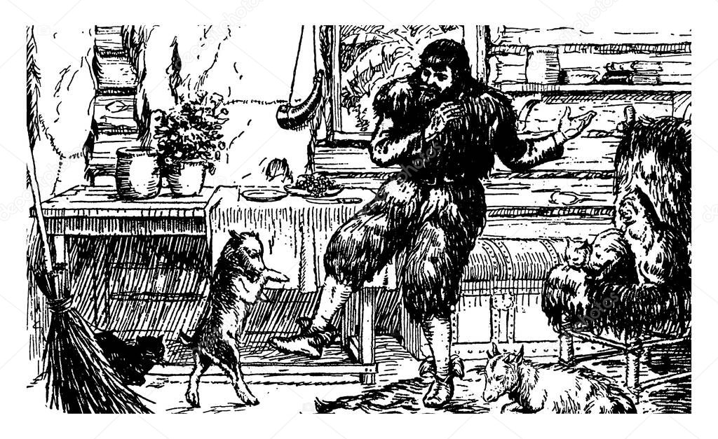 The Adventures of Alexander Selkirk, this scene shows a man teaching something to dog, it also shows two cats and one animal, books and small plants in background, vintage line drawing or engraving illustration 
