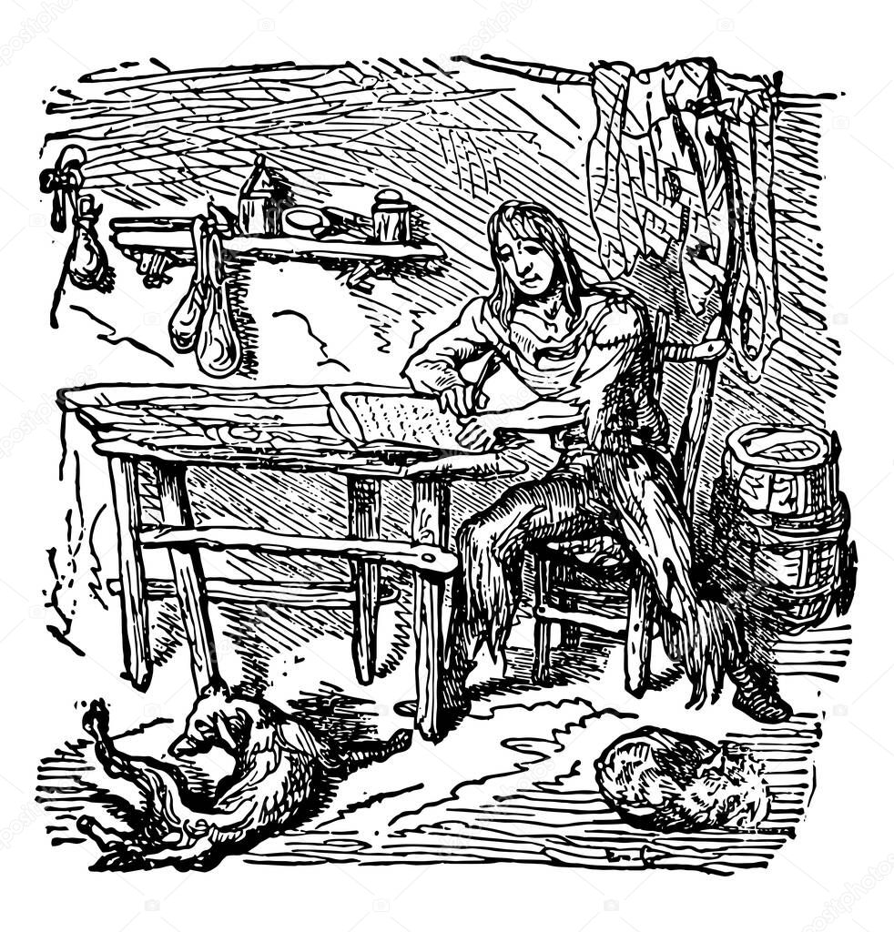 Robinson Crusoe and his diary, this scene shows a boy sitting on chair and writing diary, diary kept on table in front of him, dog and cat on ground, vintage line drawing or engraving illustration