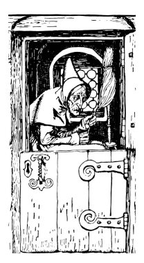 Yaşlı kadın, bu resmi yaşlı kadın keten, vintage çizgi çizme iplik veya illüstrasyon oyma kapıda gösterir