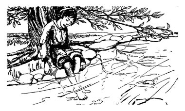 Ağacın altında oturan ve her iki bacakta su, vintage çizgi çizme veya oyma illüstrasyon tutulur bir çocuk