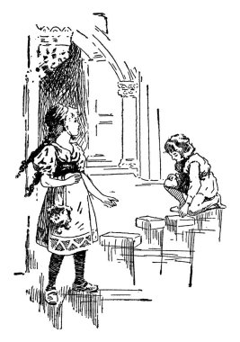 Gerda ve Kay, bu sahneyi iki kız, bir kız ayakta ve dizlerinin üstüne oturan başka bir kız, vintage satır çizim veya gravür illüstrasyon gösterir