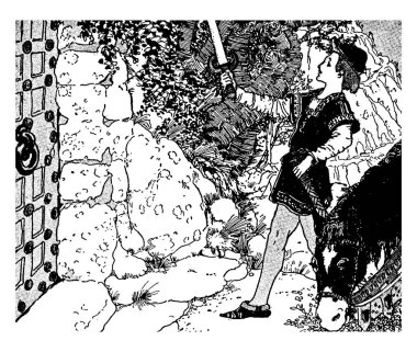 Kılıç ve onu, vintage çizgi çizme veya oyma illüstrasyon yakınındaki at ayakta tutan bir çocuk