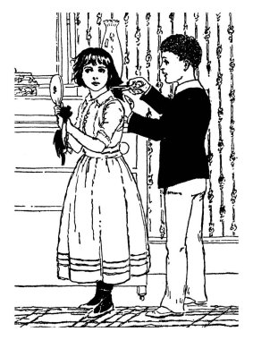 Maggie Tulliver, bu sahneyi ayna ve onun arkasında duran ve o bir yandan, vintage çizgi çizme veya oyma illüstrasyon saçında tutarak onun saç kesimini bir çocuk bir kız gösterir.