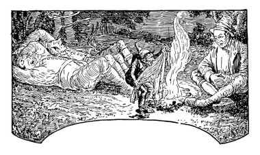 Burun-ağacı, bu sahneyi iki adam başka bir adam onları ve bir şey onu, vintage çizgi çizme veya oyma resimde gösterilen peri yakınında oturan woods, yanan ateş yakınındaki uyku gösterir.