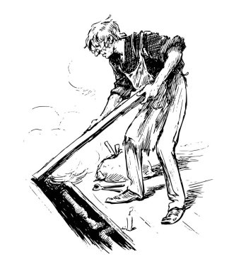 Nibblekin'ın yuvası, bu resmi bir şey sopa, vintage çizgi çizme veya oyma illüstrasyon ile zeminde yapan bir erkek gösterir.