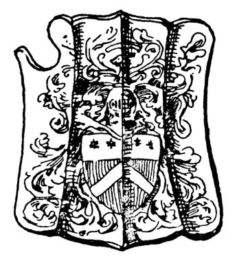 Turnuva kalkan var benzersiz şekli, vintage çizgi çizme veya oyma illüstrasyon.