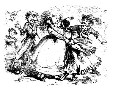 Dolliver Aile, bu sahnede bir kadın gösterir ve birbirleriyle ve diğer insanlar onları, vintage çizgi çizme bakarak veya illüstrasyon oyma bir kız sarıldı