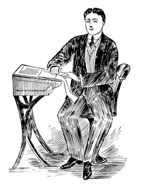 Hattatlık duruş veya sit, kalem konum, uygun duruş, vintage çizgi çizme ve gravür illüstrasyon için doğru duruş