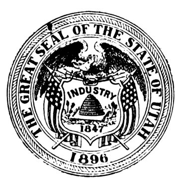 Devlet Utah 1904 mühür, Kartal Kalkanı tutan bu daire şekli mührü vardır, kalkan arı kovanı vardır, sanayi 1847 kalkan üzerinde bulunmakta, kalkan, vintage çizgi çizme veya oyma illüstrasyon her tarafta bir Amerikan bayrağı var 