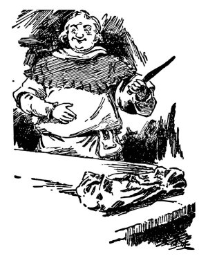 Miller, bu resmi bir adam elinde bıçakla bir yandan, vintage çizgi çizme veya oyma illüstrasyon gösterir.