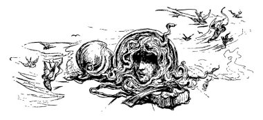 Gorgon'ın başı, bu resim adamın kafasını yere, arka plan, vintage çizgi çizme veya oyma illüstrasyon uçan kuşlar gösteriyor