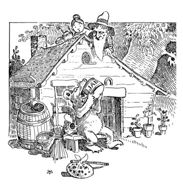 Yeme, bu sahne şovları, kim onların ev dışında oturur ve yemek onların reçel, vintage çizim için bir ayı izlerken veya illüstrasyon oyma aile ayı