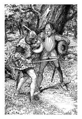 Will Gamewell, bu sahneyi iki asker kılıç ve kalkan, vintage çizgi çizme veya oyma illüstrasyon ile mücadele gösterir.