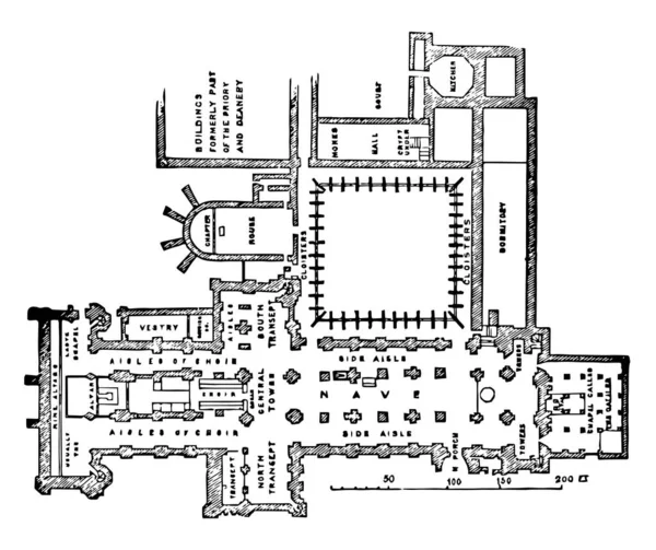达勒姆大教堂 它是一个平面图 建筑图 罗马式建筑 老式线条画或雕刻插图 — 图库矢量图片