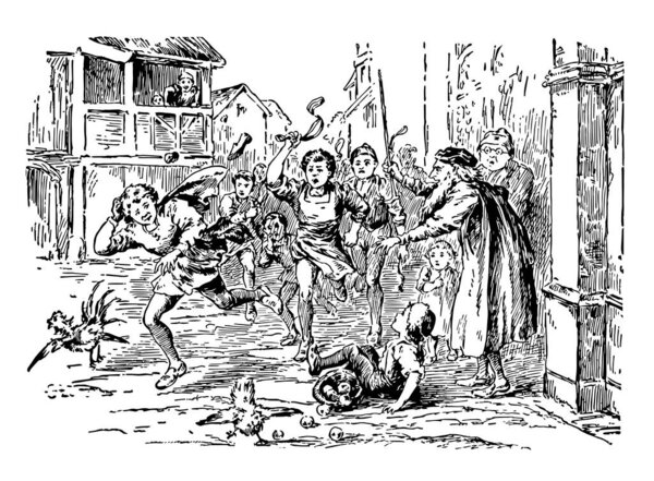 Little Claus and Big Claus, this scene shows crowd of people running behind a kid, one kid is fallen on ground another trying to save his head from stones, one man watching it from window, vintage line drawing or engraving illustration