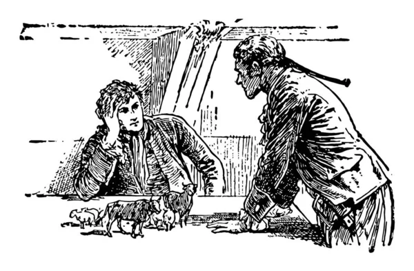 格列佛和绅士 这个场景显示两个男人在说话 一个人坐在桌子旁边 另一个男人站在他面前 在桌子上的微型动物 复古线条画或雕刻插图 — 图库矢量图片