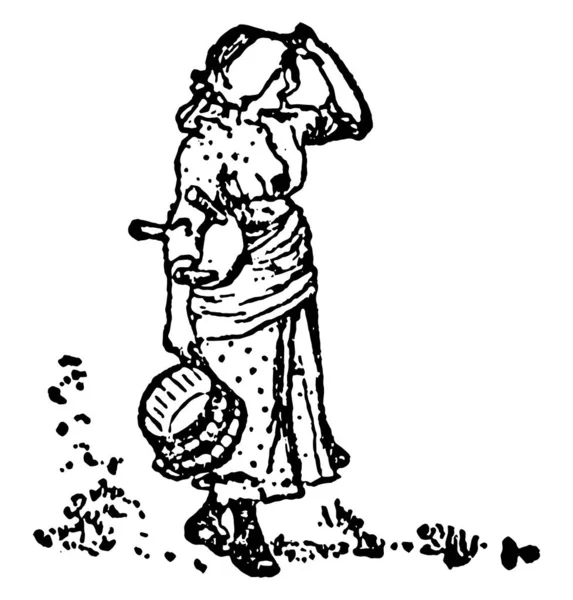 这幅画显示的是一只拿着手里拿着东西的女人 还有一只手在头上 复古的线条画或雕刻的插图 — 图库矢量图片