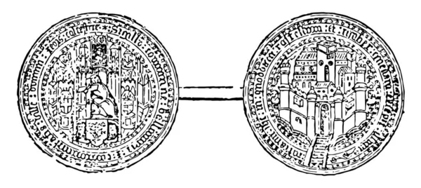 Selo Representando Cidade Colchester Inglaterra Dois Círculos Conectados Com Duas —  Vetores de Stock