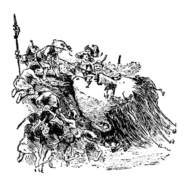 格列佛的头 这个场景显示了一个人与长矛在巨人的头 复古线条画或雕刻插图 — 图库矢量图片