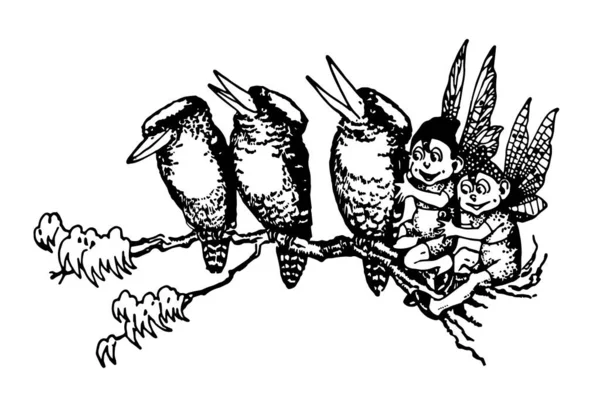 Tres Pájaros Dos Hadas Rama Árbol Dibujo Línea Vintage Ilustración — Vector de stock
